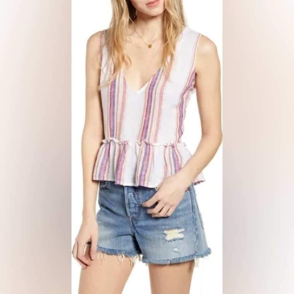 NWT Rails Mira Stripe Linen Blend Sleeveless Peplum Top
